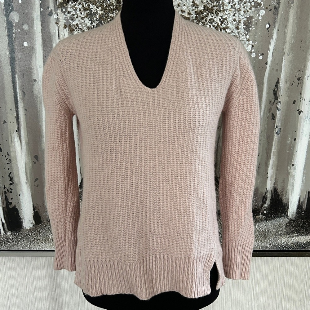 White + Warren Womens Light Pink Textured Ribbed V-Neck 100% Cashmere Sweater- M